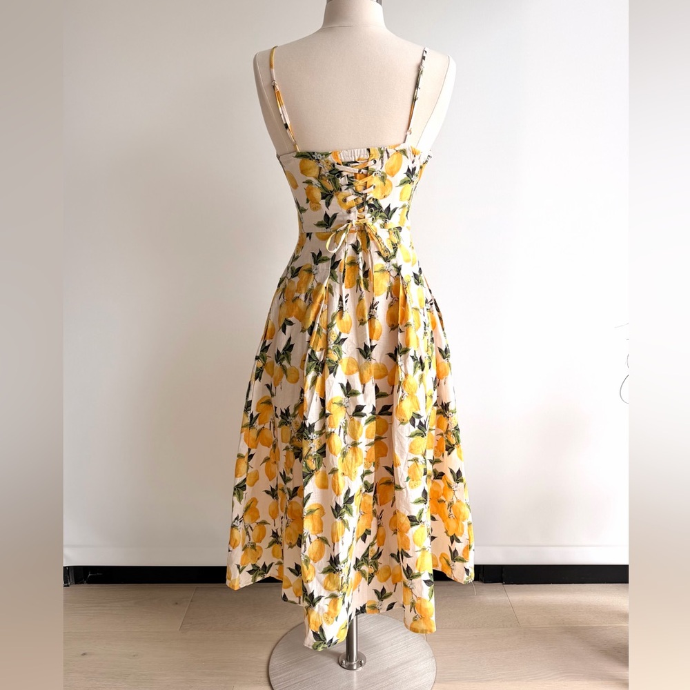 Cider Cotton Lemon Lace Up Pleated Cami Midi Sundress - Picture 3 of 6
